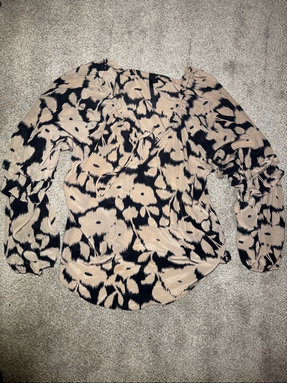 Bellatrix Beige and Black Ruffle Neck Long-Sleeve Blouse